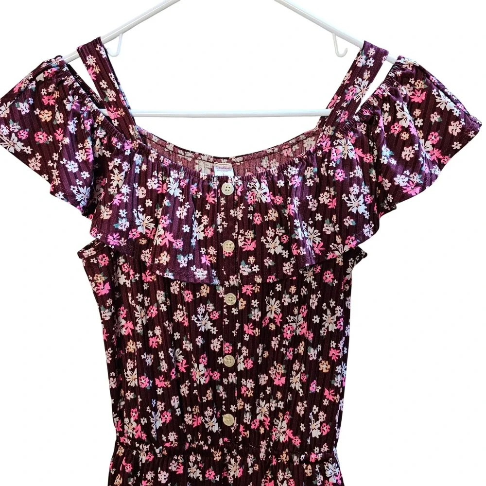 Justice Girls Floral Ribbed Jumpsuit Burgundy‎ Maroon Ruffle Wide Leg Size 12/14